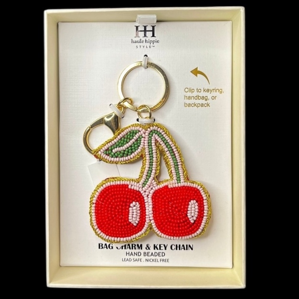 HAUTE HIPPIE STYLE Hand-Beaded Crafted Cherry Keychain Bag Purse Charm NEW NWT